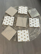 white and gold striped and polkadot coasters